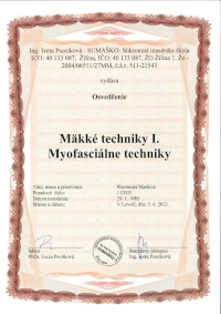 Osvedčenie Mäkké techniky I. Myofasciálne techniky, osvedčenie vydala súkromná masérska škola SUMAŠKO Slavomíre Matlové