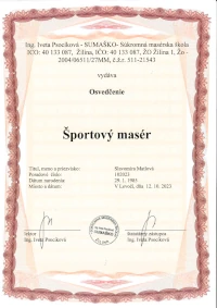 Osvedčenie Športový masér, osvedčenie vydala súkromná masérska škola SUMAŠKO Slavomíre Matlové