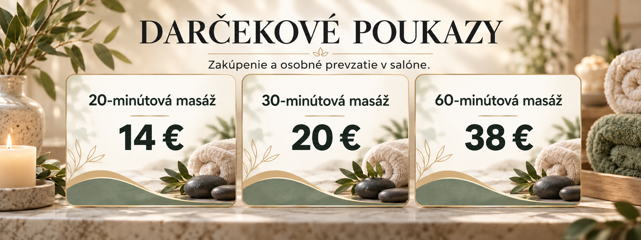e0b448e6-6cc5-42a6-92b9-10833c96f63f Darčekové poukazy na masáž: 20-minútová masáž za 14 €, 30-minútová masáž za 20 € a 60-minútová masáž za 38 €. Zakúpenie a osobné prevzatie v salóne.